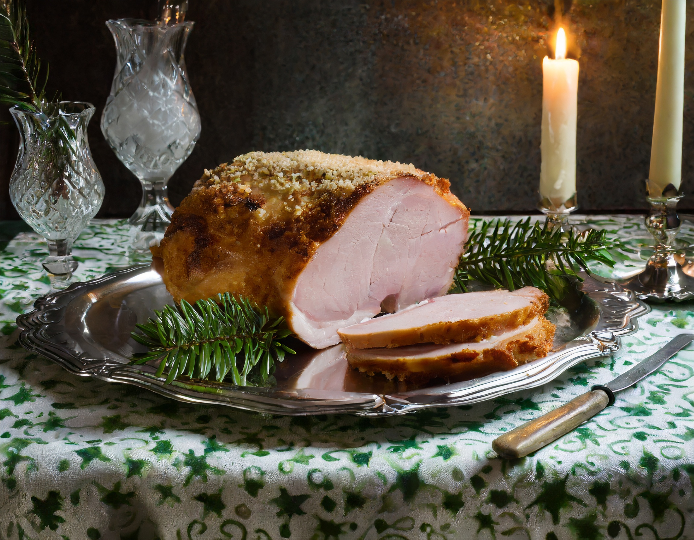 Firefly A swedish style christmas ham with breadcrumb coating on a silver tray, on a buffee table wi (1)